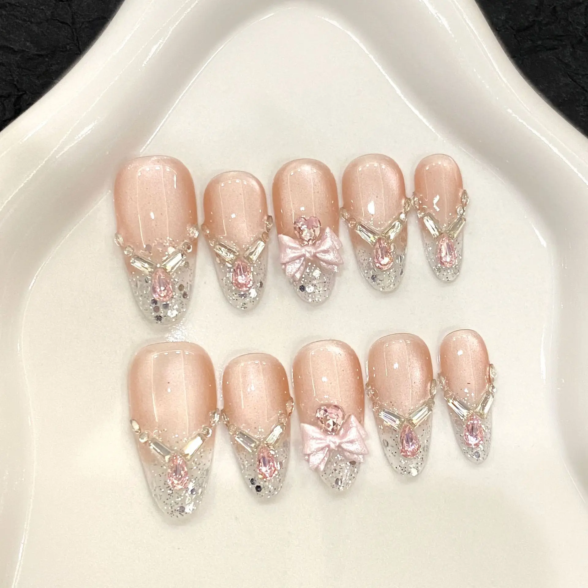

10Pcs Handmade Butterfly Rhinestone Nail Set Nude Color Glitter Cat Eye French Nail Art Mid-length Oval Detachable Finished Nail