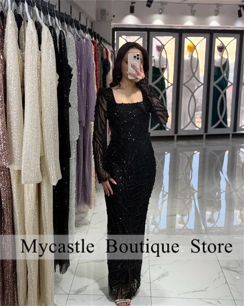 

Sparkle Black Beaded Lace Evening Dresses 2025 Saudi Arabia Long Sleeve Prom Dresses Formal Occasion Dress Customized