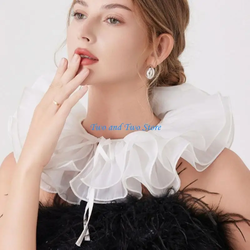 HX6F Tulle Ruffled Collar Girls Cosplay Tie Victorian Collar Lapel Medieval Cosplay Victorian Ruffled Tie Collar