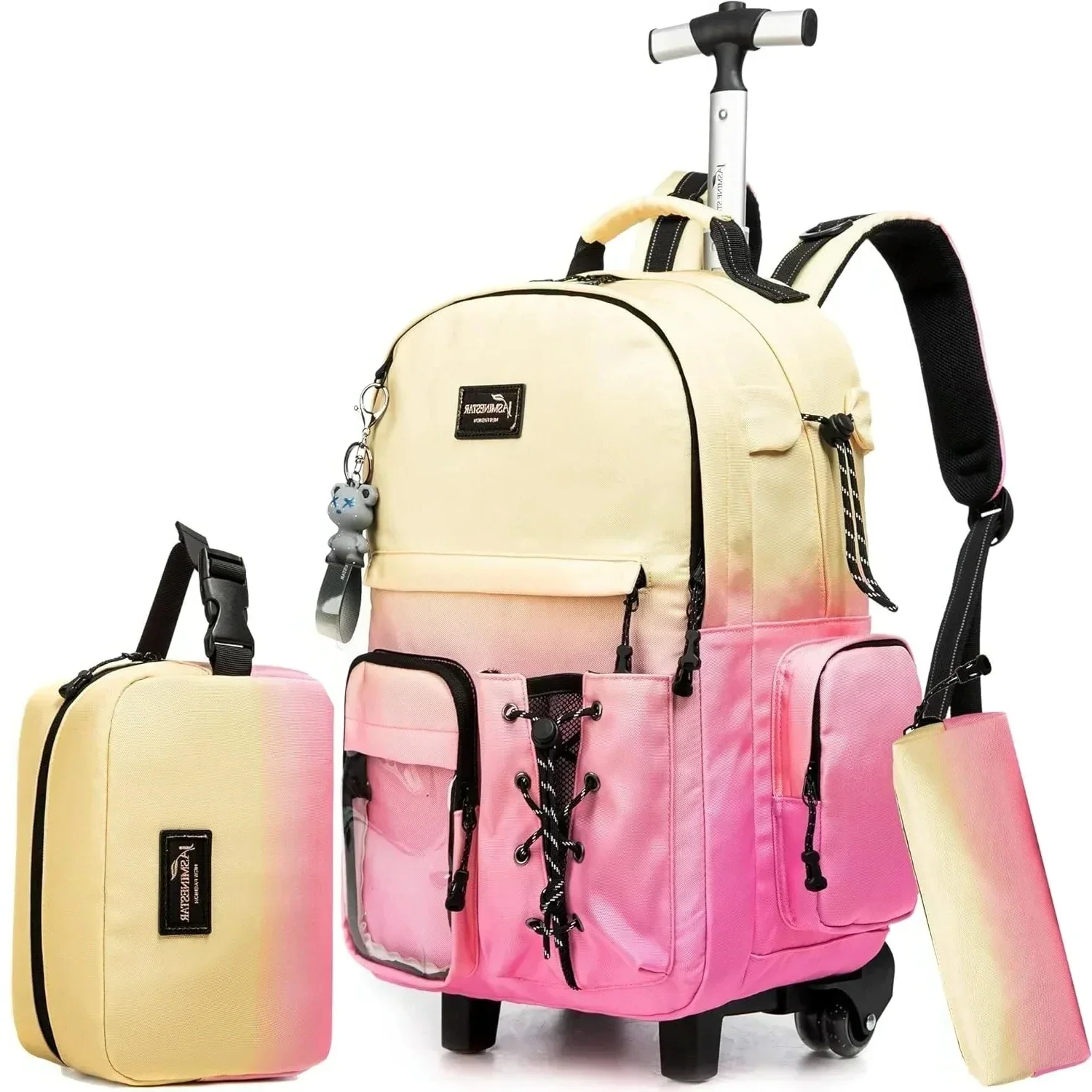 School Bags for Girls with Wheels Trolley 3 Pcs for Teens Boys Rolling Backpack Set with Lunch Bag Carry on Luggage with Roller