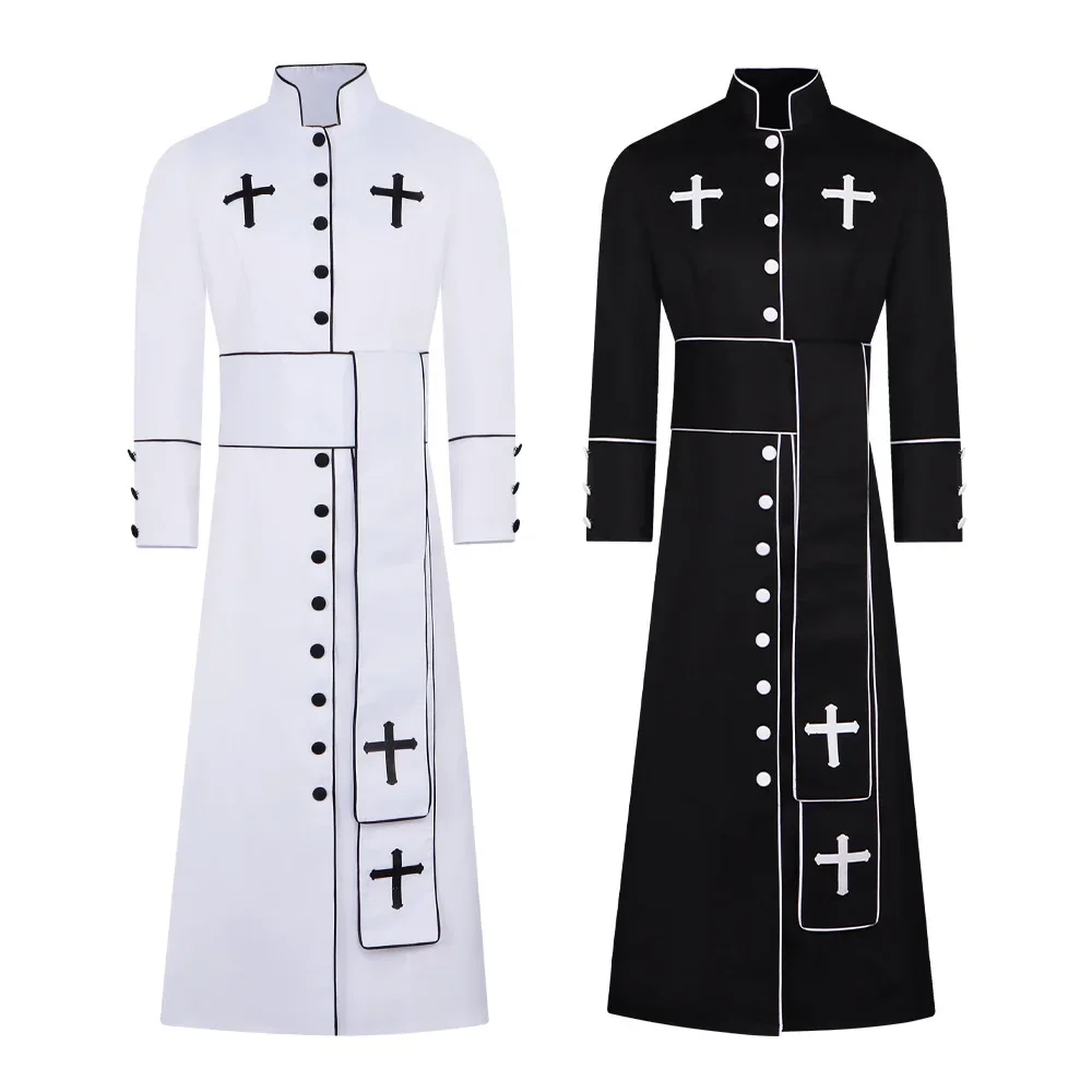 Mittelalterliches Priester-Cosplay-Outfit Klassische Schwarze Geistliche Robe Römische Soutane mit Passendem Gürtel Komplettes Set Bühnenkostüm