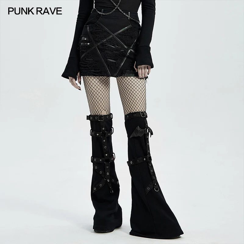 PUNK RAVE Gothic Decadent Women's Skirt Pentagram Retro Street Punk Skirts Hardware Semi-elliptical Nails Twill Woven PU Leather