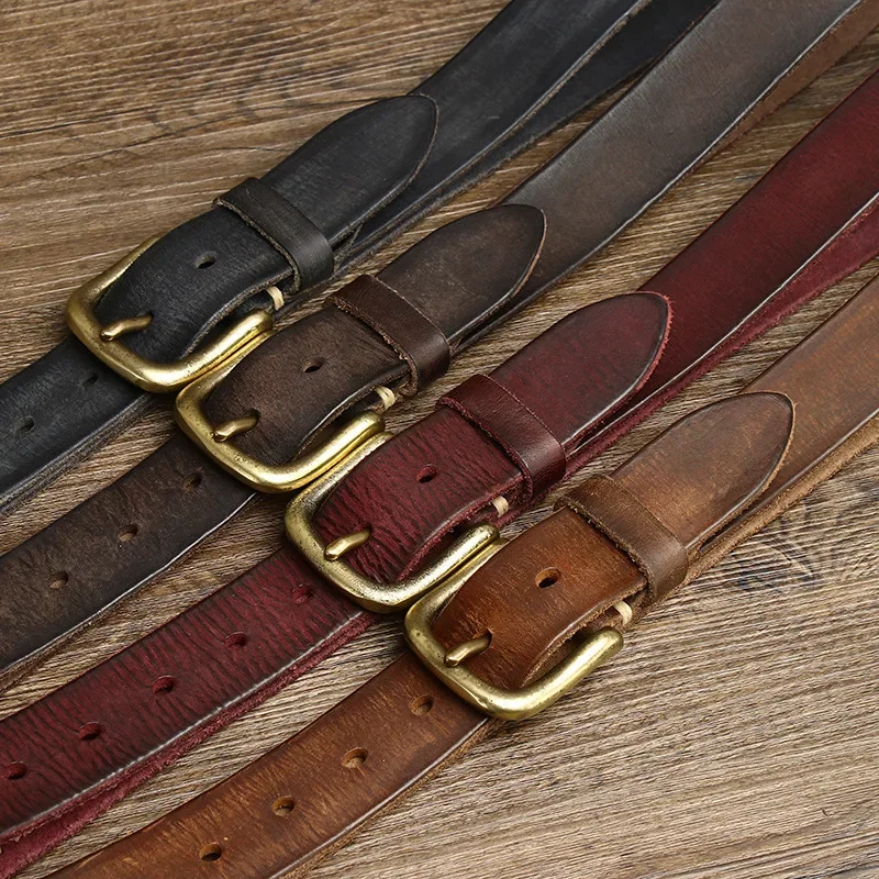 Cinturón de cuero de vaca genuino para hombre, hebilla de latón de alta calidad, 3,3 CM, diseño de moda