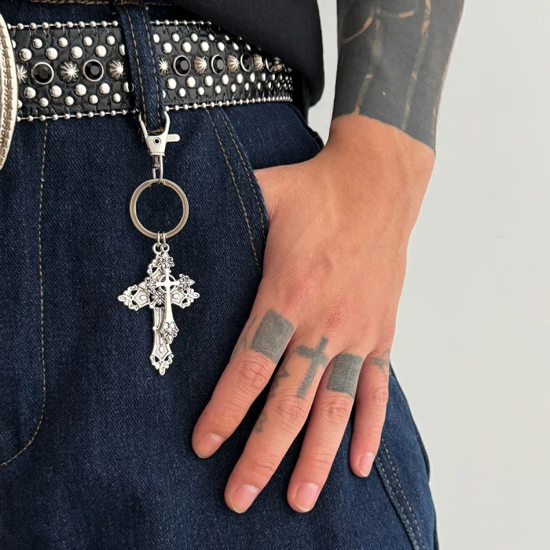 Double Cross Keychain Pendant Vintage Gothic Style Gift for Her Woman Protection Amulet Waist Key Chains Clothing Accessories