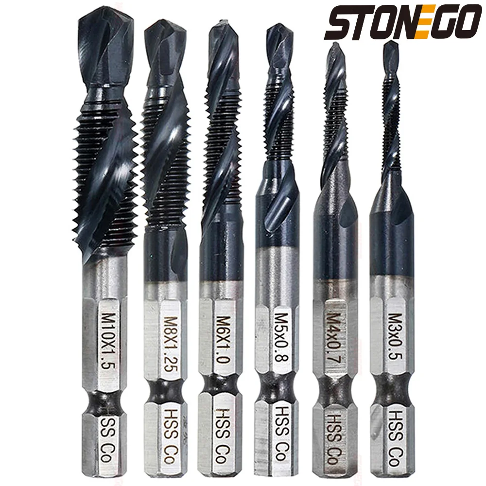 STONEGO M35 TiAlN Coated Drill Tap Countersink Bit Set - Hex Shank HSS-Co Metric Taps, M3/M4/M5/M6/M8/M10