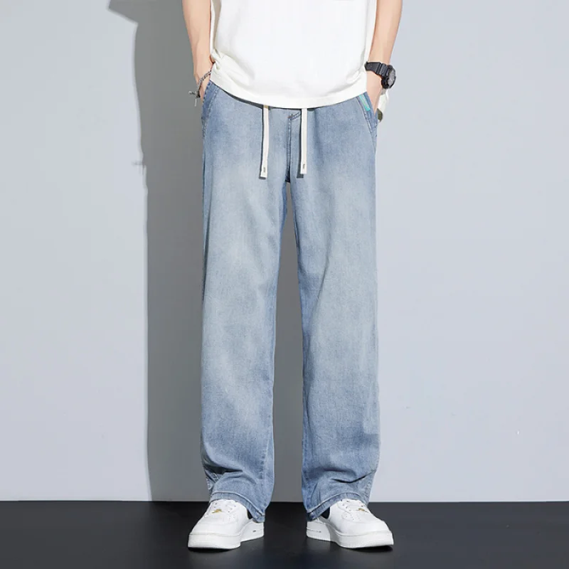 男性用軽量リヨセルワイドレッグジーンズ、カジュアルパンツ、夏