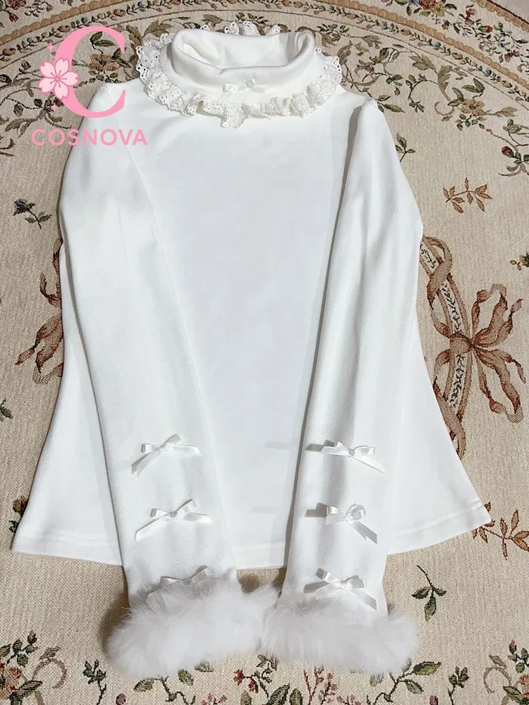 

Kawaii Bow Lace Turtleneck Thermal Top Soft Fleece Long Sleeve Inner Shirt Cute Fur Cuff Design Slim Fit Lolita Layering Tee New