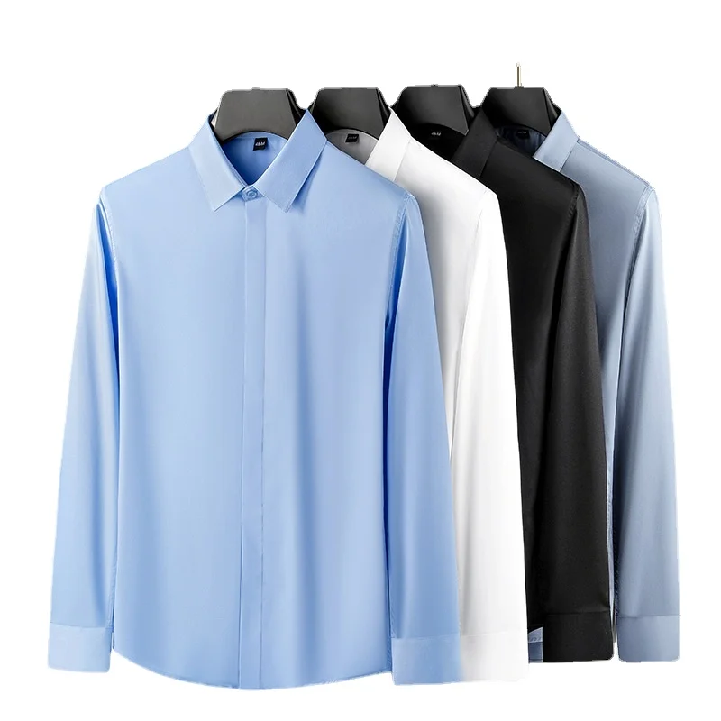 

New Four-season High-end Drape Silky Smooth Non-iron Ice Silk Business Casual Long-sleeved Non-marking Shirt Men Stretch Slim