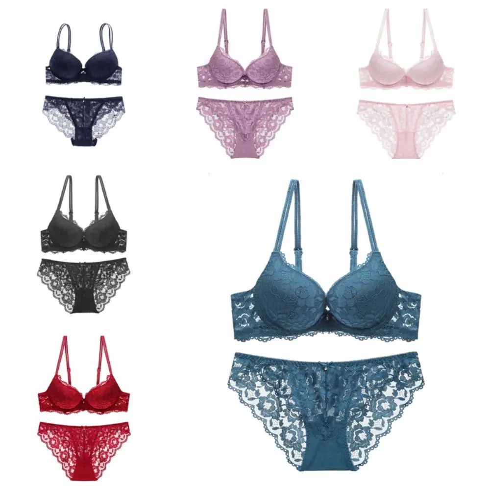 

Comfortable Mesh Lace Flower Bra Bowknot Low Waist Push Up Bra Women Non Slip Lingerie Bra Panties Set Beach