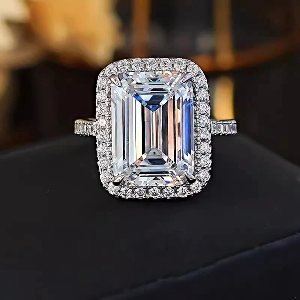 Vinregem 10*14 MM 10 CT Emerald Cut Lab Created Sapphire Gemstone 100% 925 Sterling Silver Wedding Engagement Rings Fine Jewelry