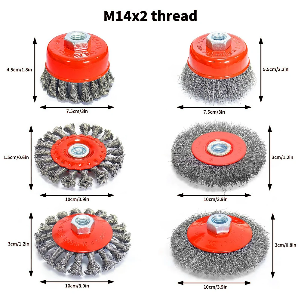 6Pcs 75/100mm Twisted Steel Wire Wheel M14- Steel Wire Cup Brush For Angle Grinder Paint Removal Rotary Tool Abrasive Tool