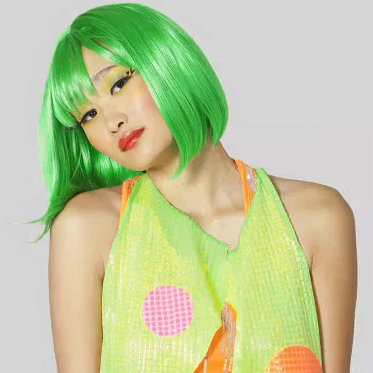 12 インチ/30 センチメートル ファッション レディース ショート ストレート フラット バングス ボブ 合成ウィッグ (グリーン)