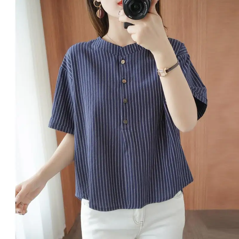 Women Summer Simplicity Loose Striped Cotton and linen O-neck short sleeve Shirts Ladies office Lady All-match Appear thin tops