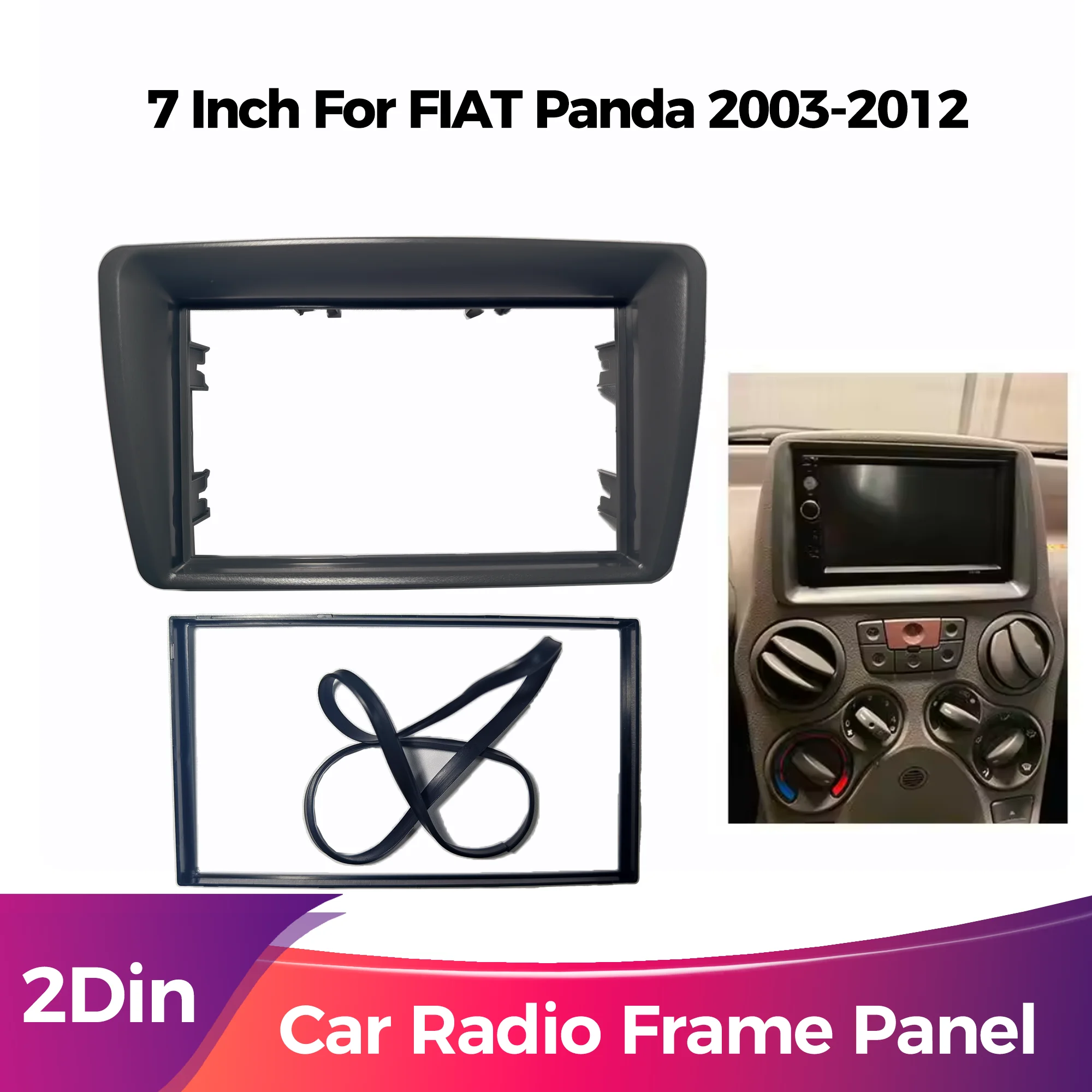 7 Polegada quadro duplo din carro para fiat panda 2003 2004 -2010 2011 2012 preto material abs rádio painel de montagem kit