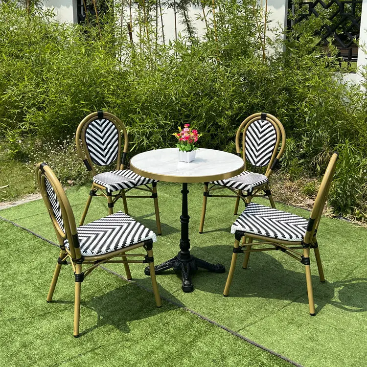

Rattan Outdoor Restaurant Garden Parisian Bistro Dining Stackable Chairs French Style Rattan Bistro Table and Chair Outdoor