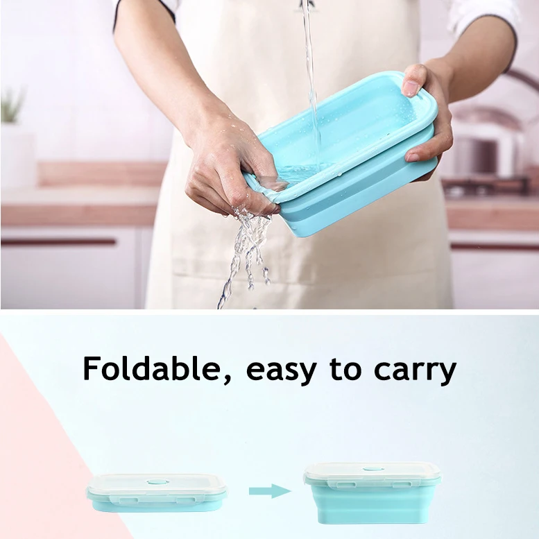 Collapsible Silicone Food Storage Container With Airtight Lid Microwave Freezer Safe Portable Rectangular Lunch Box view 3