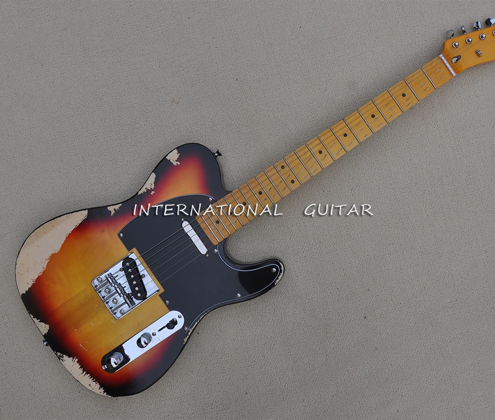 6 Strings Relic Tobacco Sunburst Electric Guitar with Black Pickguard,Yellow Maple Fretboard