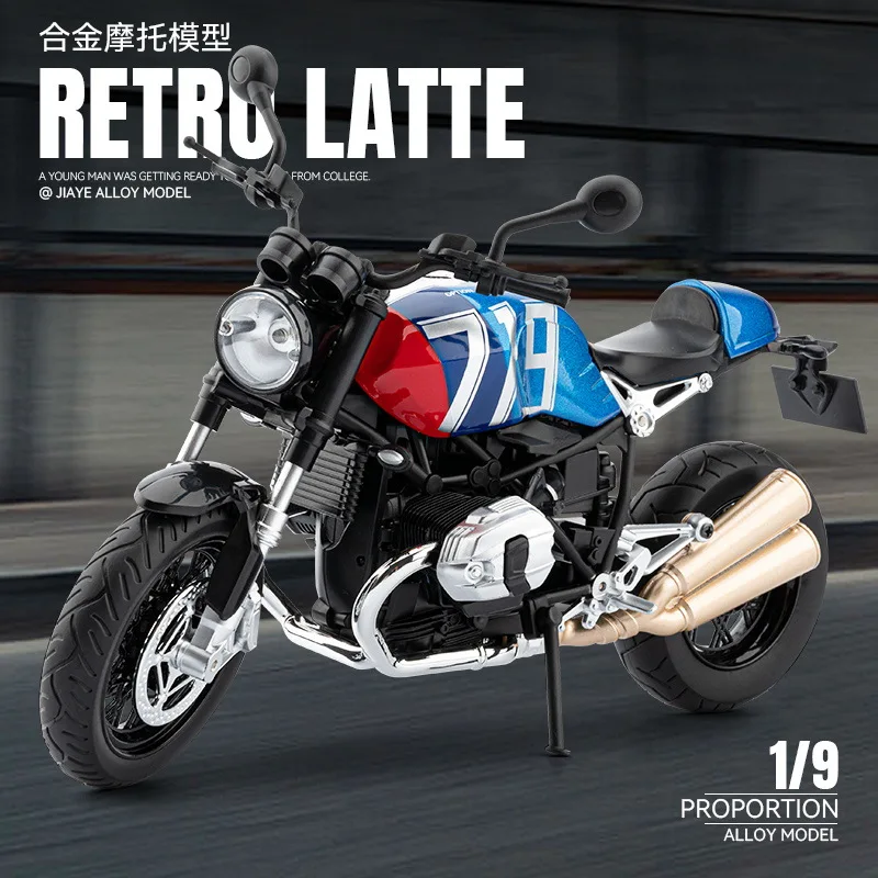 

1:9 Latte motorcycle Retro motorcycle Simulation Diecast Metal Alloy Model car Sound Light Pull Back Collection Kids Toy Gifts