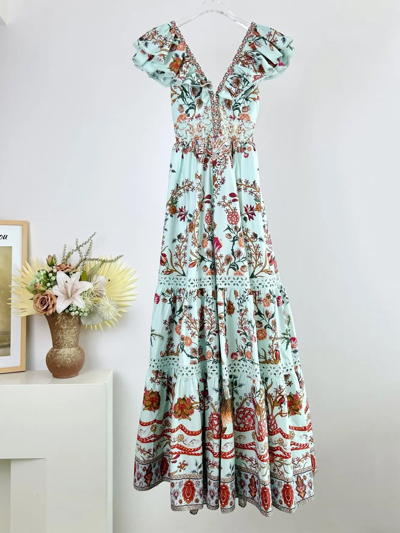 

Floral Printed Women's Green Robe Bow Tie Backless Beaded V-Neck Flare Sleeve Lace Stitching Elegant Ladies Maxi Dress