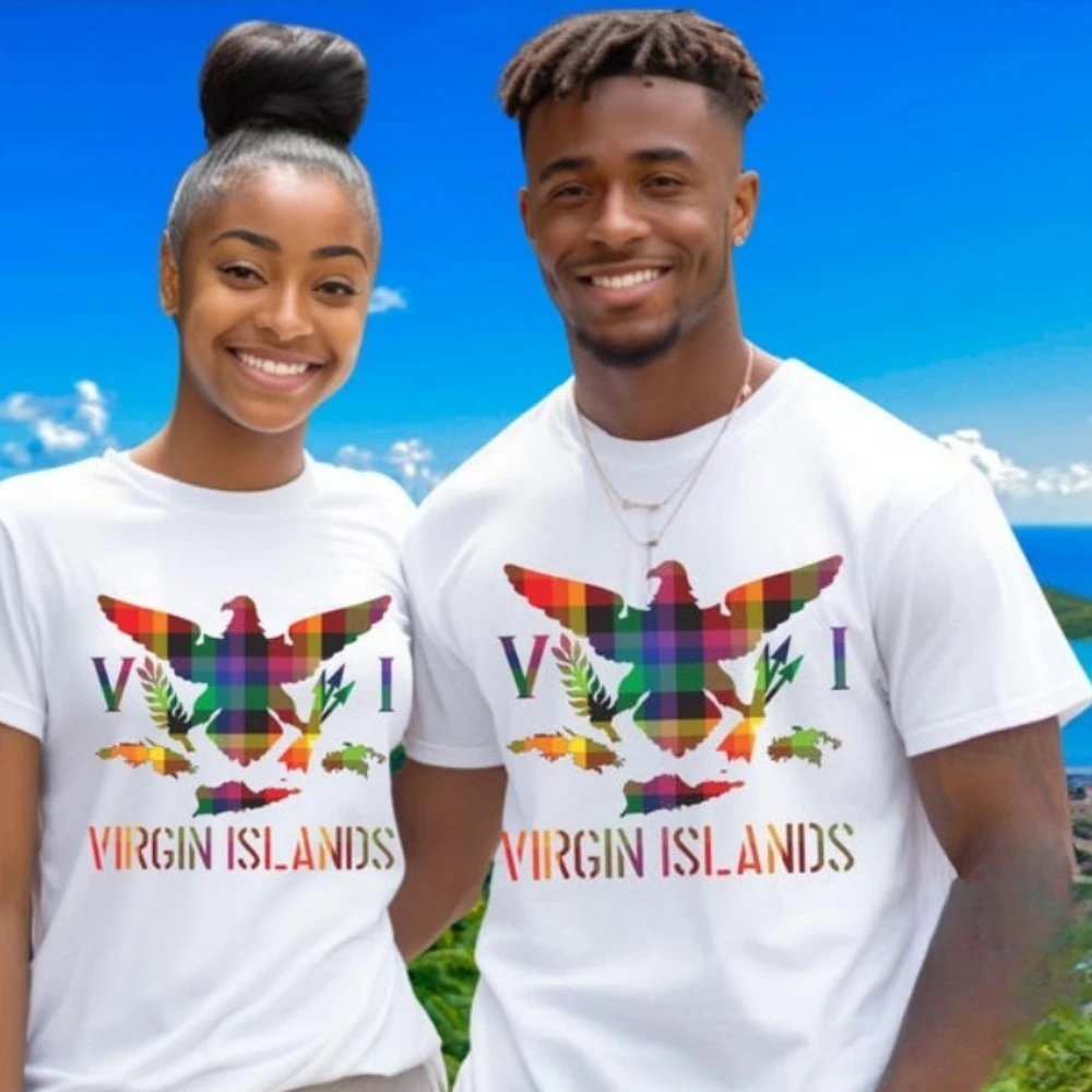 

VI Madras Flag Tshirt Virgin Islands Unisex Cotton Short Sleeve Summer Tee Caribbean Vacation Gift Island Life Beach Shirt Tops