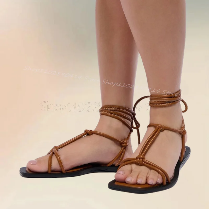 

Brown White Knot Design Strappy Open Toe Sandals Lace Up Women Shoes Low Top New Fashion Party Banquet 2024 Zapatos Para Mujere