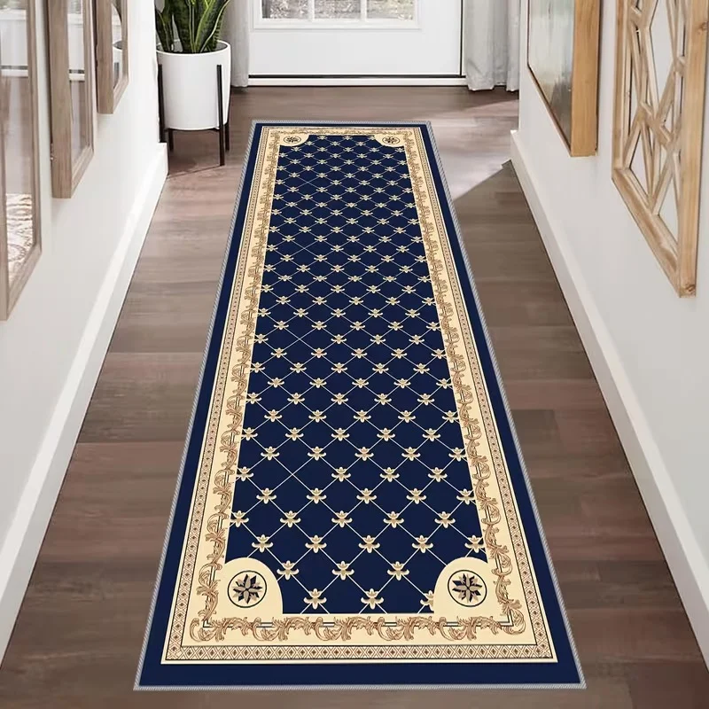 VIKAMA Vintage Orientalischer Perserteppich, marineblau, mit Blumenmuster, lang, rutschfest, Bodenmatte für Flur, Eingangsbereich, Küche, klassische Dekoration