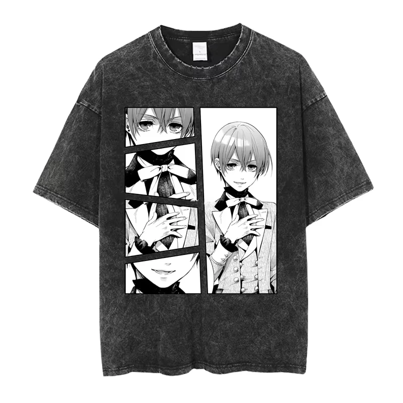 Black Butler Sebastian Michaelis Anime Manga T-shirt Women Cotton Vintage Washed Cool Graphic Print Short Sleeve Harajuku Top