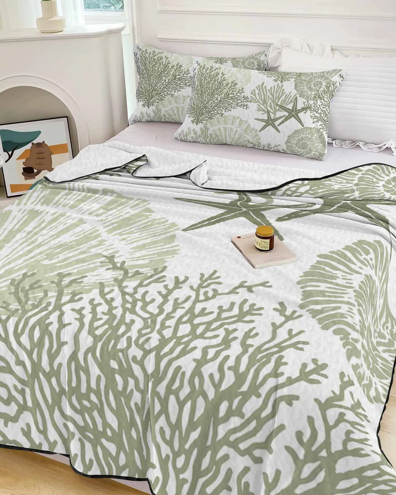 Geometric Abstract Green Ocean Coral Shell Starfish Cooling Blankets Air Condition Comforter Lightweight Summer Quilt Thin Quilt