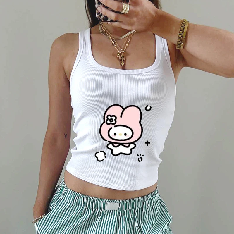 New Sanrio My Melody Cute Girls Short Sleeveless Vest T-Shirt Summer Cartoon  Y2K Casual  Fashion T-shirts Tank Tops