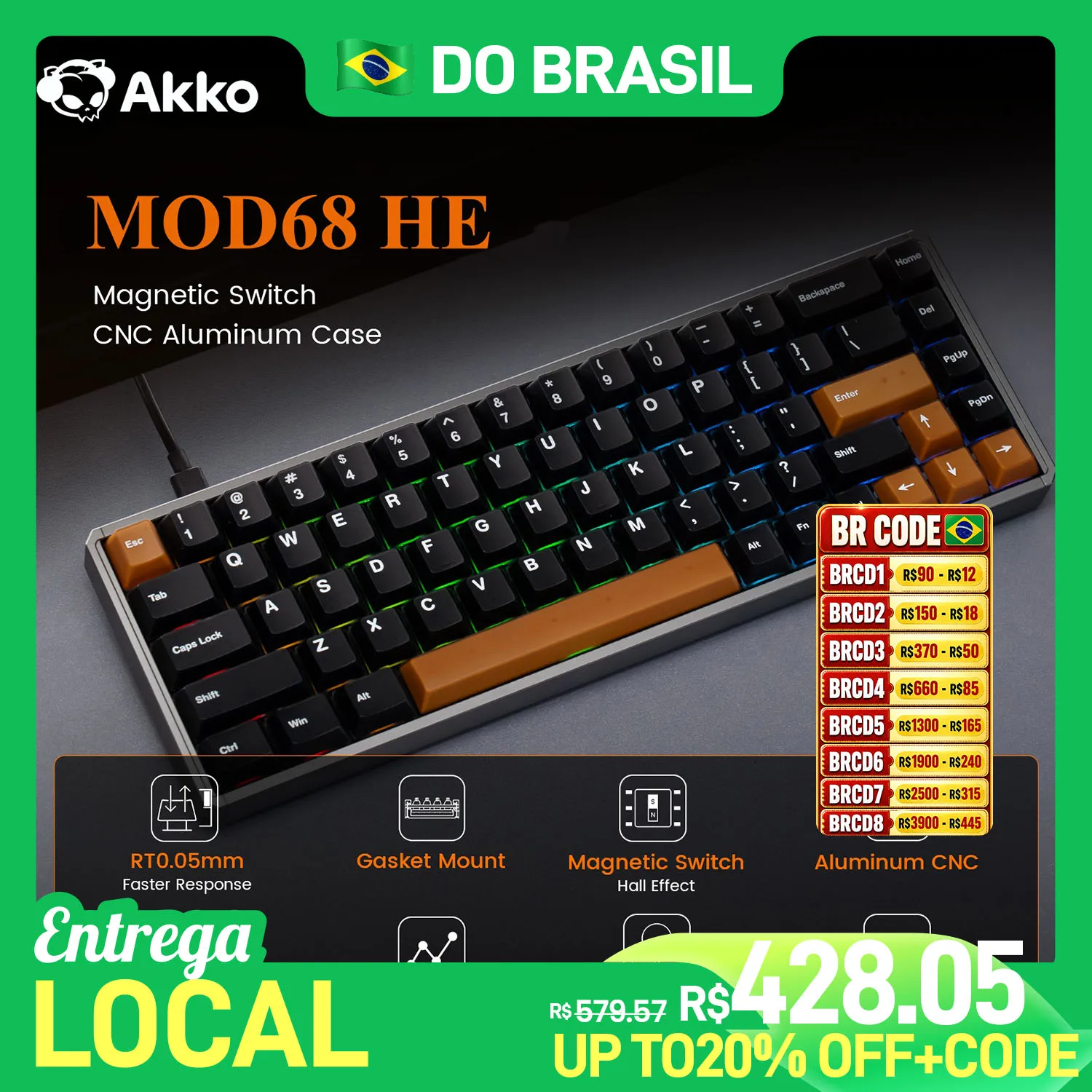 Teclado Mecânico Personalizado Akko MOD68 HE em Alumínio CNC 65% com Switch Magnético Rapid Trigger 0.005mm 8K ARGB para Jogos