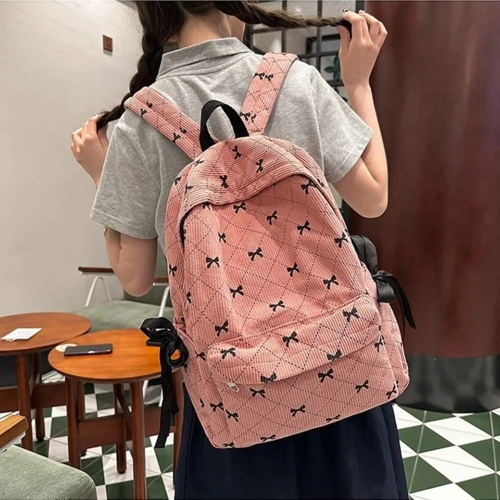 Fashion Korean Style Corduroy Backpack Bow Print Adjustable Strap Bow Backpack Large Capacity Double Shoulder Bag Middle School