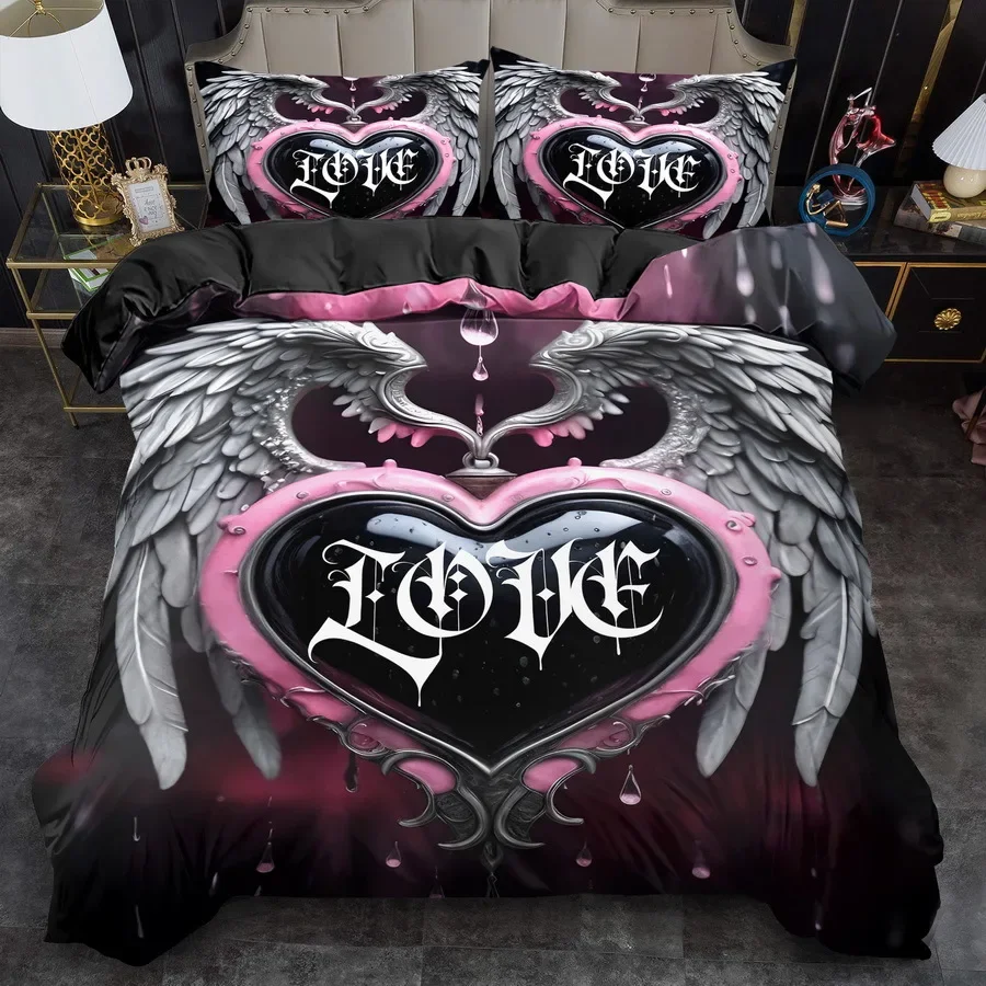 Gothic Heart Wing Print Down Comforter Cover Set King Queen Style bedding Machine Washable Quilt Decoration, Bedroom Guest Room