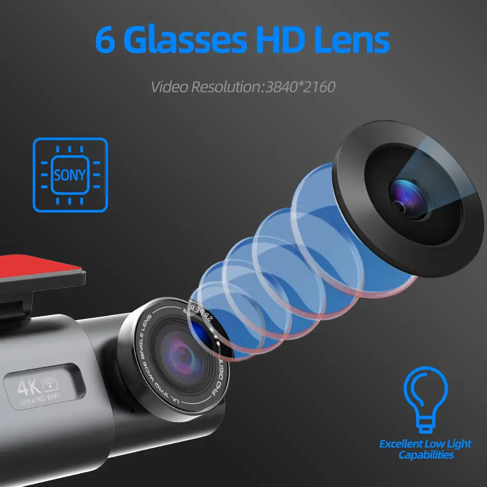 Dash Cam 4K UHD Recording Car Camera DVR Night Vision Video Recorder Built-In Wi-Fi Support GPS 24H Parking - 3