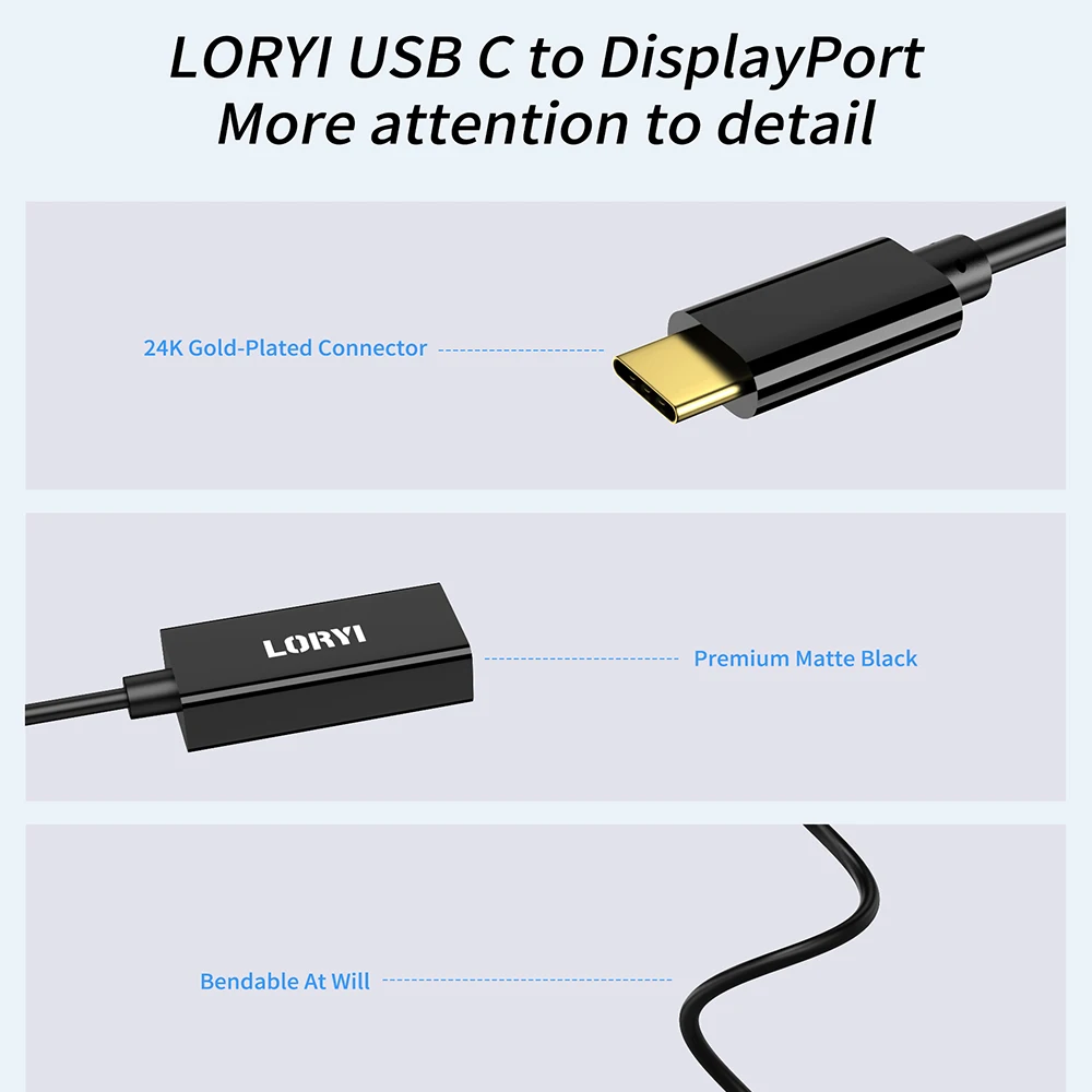 LORYI Type C TO DP Cable 4K 60Hz USB C Male to Displayport Female Compatible With Thunderbolt 3 MacBook Pro Dell XPS Surface Go