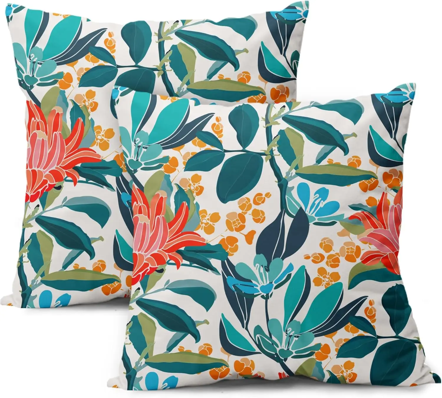 

Teal Coral Floral Pillow Covers 18X18 H Turquoise Green Leaves Orange Flower Couch Pillow Cases Set Of 2 Blue Red Aqua Cotton