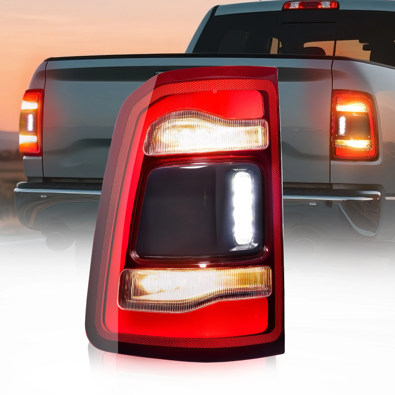 (يسار/ضوء) زوج من مجموعات الضوء الخلفي LED لـ 2019-2023 Dodge Ram 1500، عدسة حمراء وداخلية من الكروم