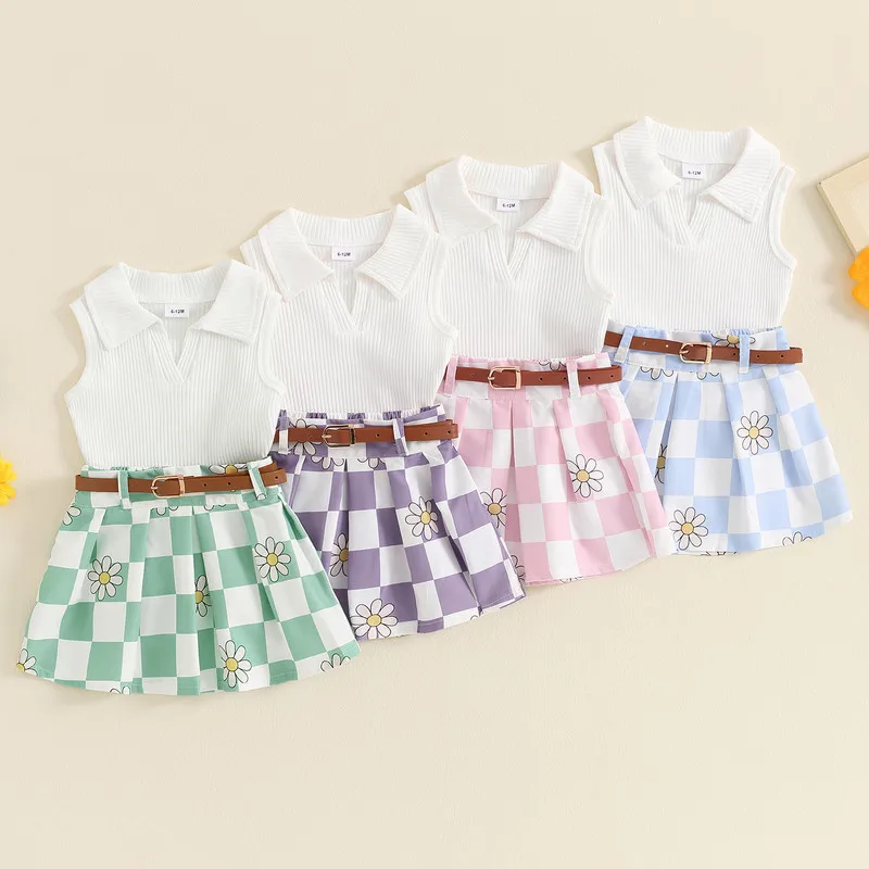 

Girls Summer 2 Piece Outfits Sleeveless Lapel Tank Tops Floral Checkerboard Print Skirt Set