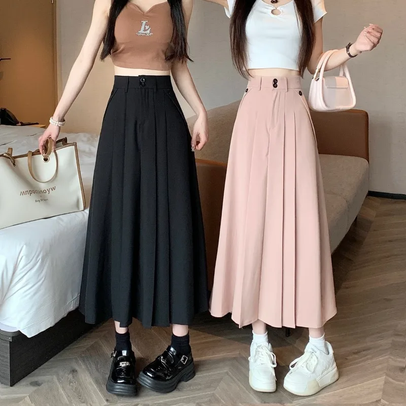 Pleated Skirts Women Solid Sweet High Waist Midi Elegant Fashion Fairycore Autumn New Female All-match Casual Button Design Chic