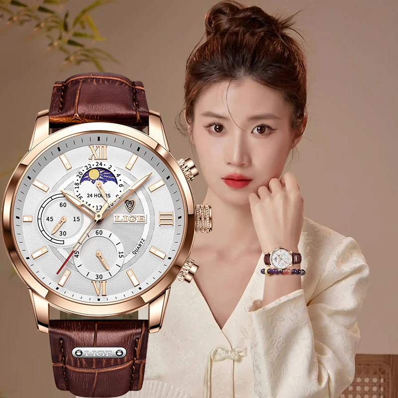 

Элегантные ретро-часы LIGE с кварцевым механизмом, модные классические женские часы с фазами луны, повседневные спортивные водонепроницаемые простые часы для женщин, подарки