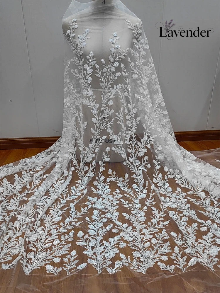 

New High Quality White Beaded Sequin Leaf Lace Mesh Lace Trim for Wedding Veils Bridal Dresses Evening Gown Apparel Accessories