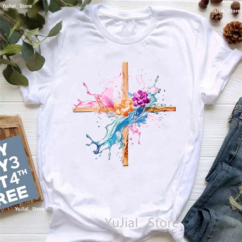 Colorful Cross Jesus Printed T Shirt Girls Summer Fashion Tops Tee Shirt Femme Harajuku Shirt Kawaii Clothes T-Shirt Female