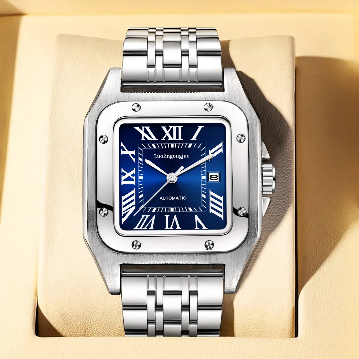 ساعة سانتوس تانك للرجال، ساعة ميكانيكية أوتوماتيكية بالكامل، تصميم هيكل عظمي، حزام من الفولاذ المقاوم للصدأ بمشبك على شكل فراشة، ساعة رجالية مربعة صغيرة فاخرة، ساعة يد رجالية عصرية متعددة الاستخدامات للأعمال، أفضل هدية له