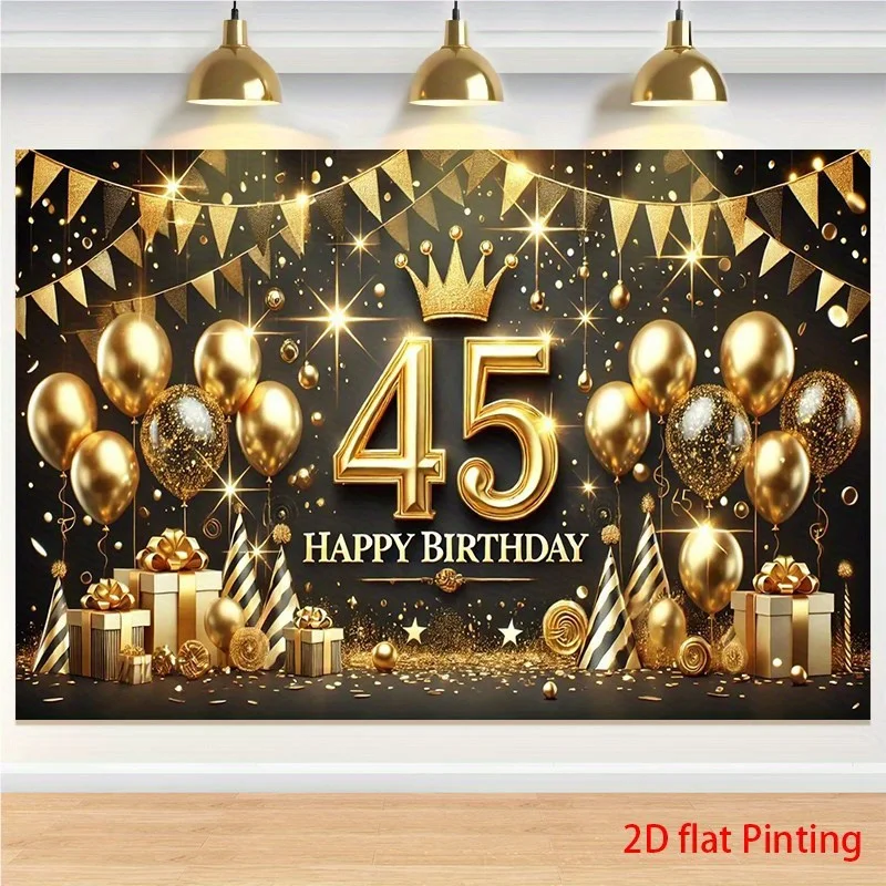 1 Stück übergroßer, gold-schwarzer Geburtstags-Hintergrund mit der Zahl 45 als Mittelstück – elegante, große Ballonbogen-Dekoration – 45. Geburtstag – Detail 1