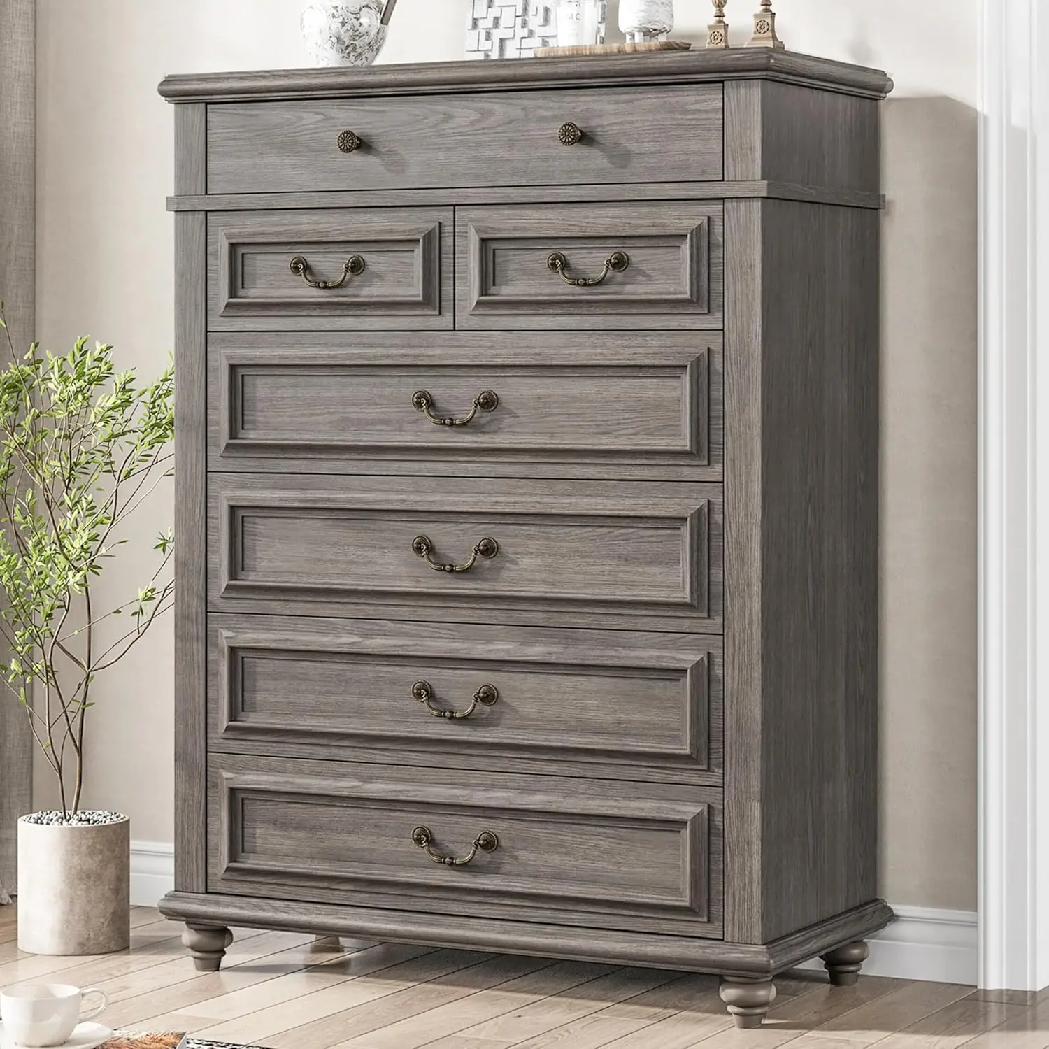 Farmhouse Dresser for Bedroom 7 DrawerDresser with DeepDrawers, Tall GreyDresser Big Large WoodenDresser Chest ofDrawers fo