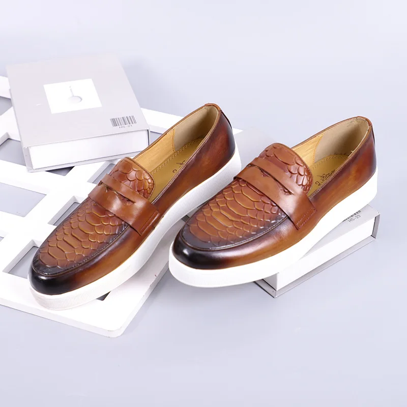 Luxury Brown Men Genuine Leather Shoes Slip On Snake Print Dress Men Casual Shoes Wedding Office Banquet Loafers Shoes For Men