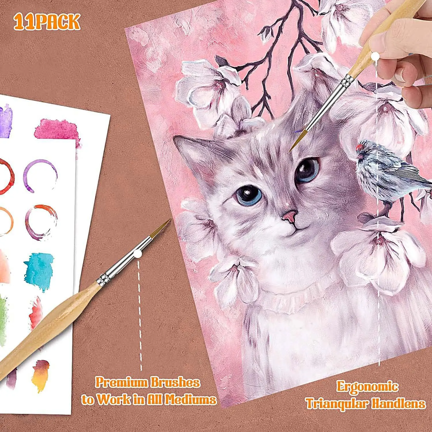 11pcs Premium Miniature Detail Paint Brush Set With Natural Wood Triangle Rod For Watercolor Oil Craft Models Line Drawing Great