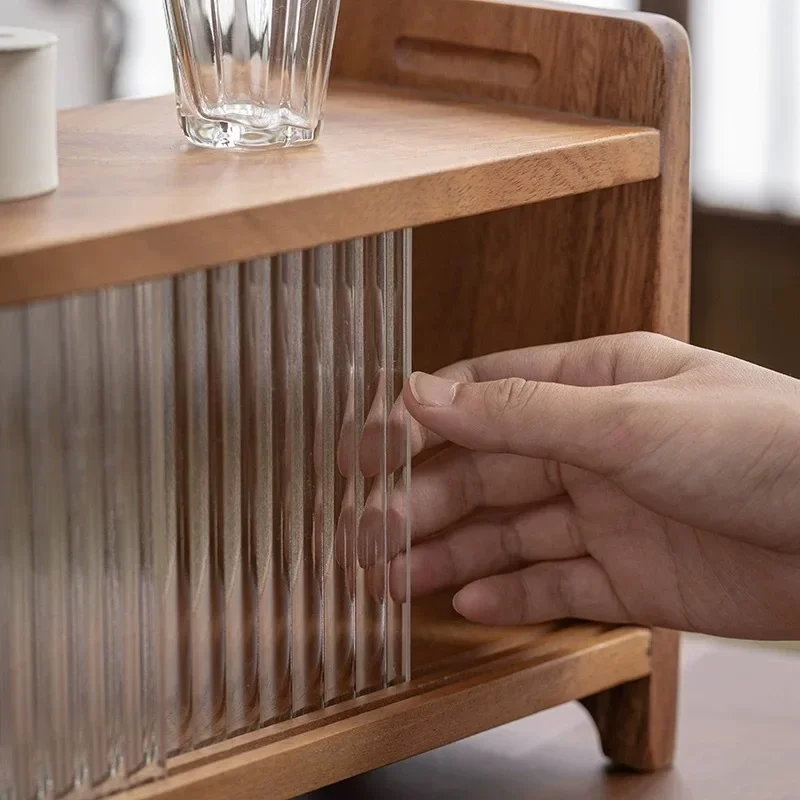 Wooden desktop storage cabinet Glass teapot Tea set Tea cup shelf Shelf Water cup storage cabinet