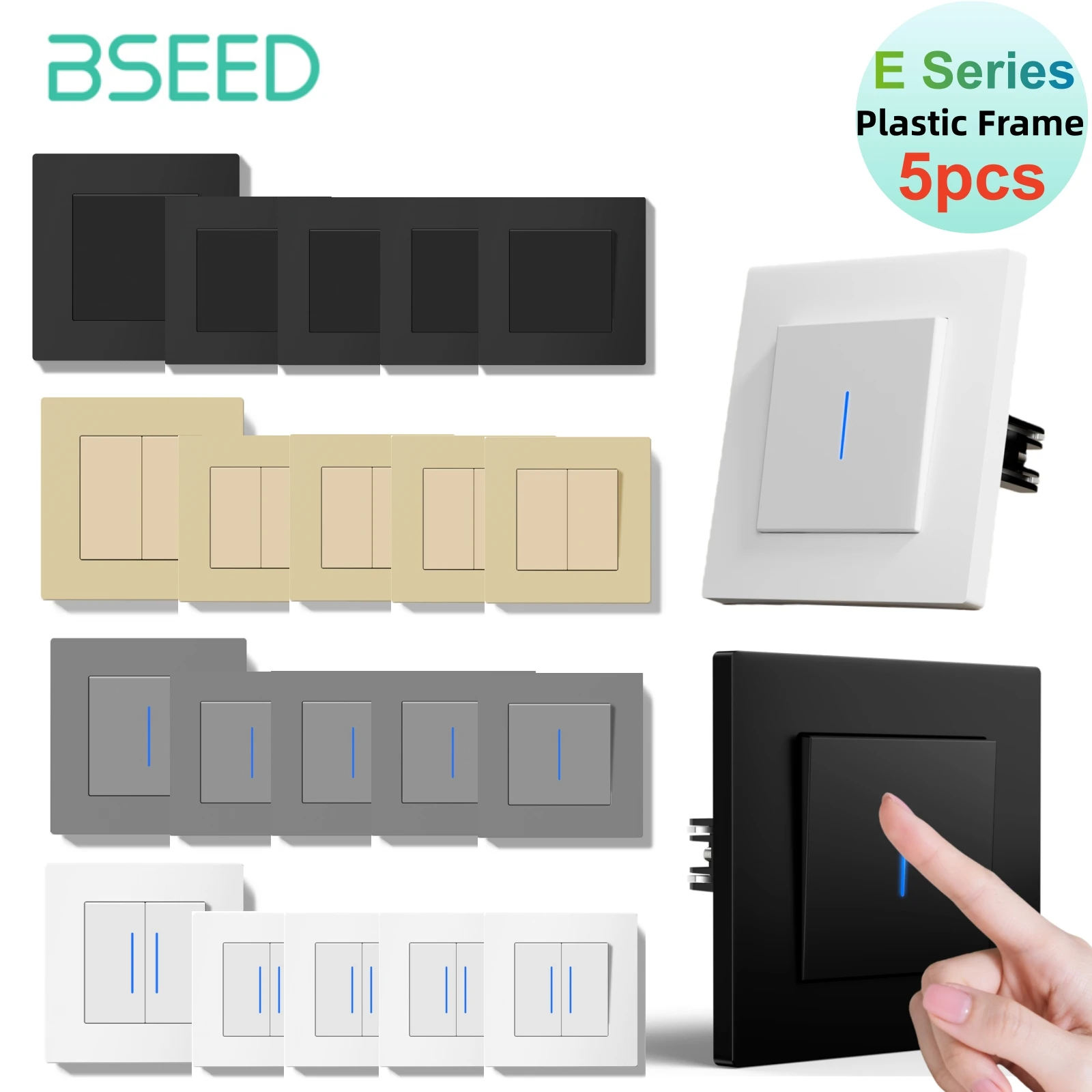 

Bseed 1/2 Gang 1 Way Push Button Switch with Indicator Lamp 5 pieces/Set EU Standard Home Switch Black White Golden Gray