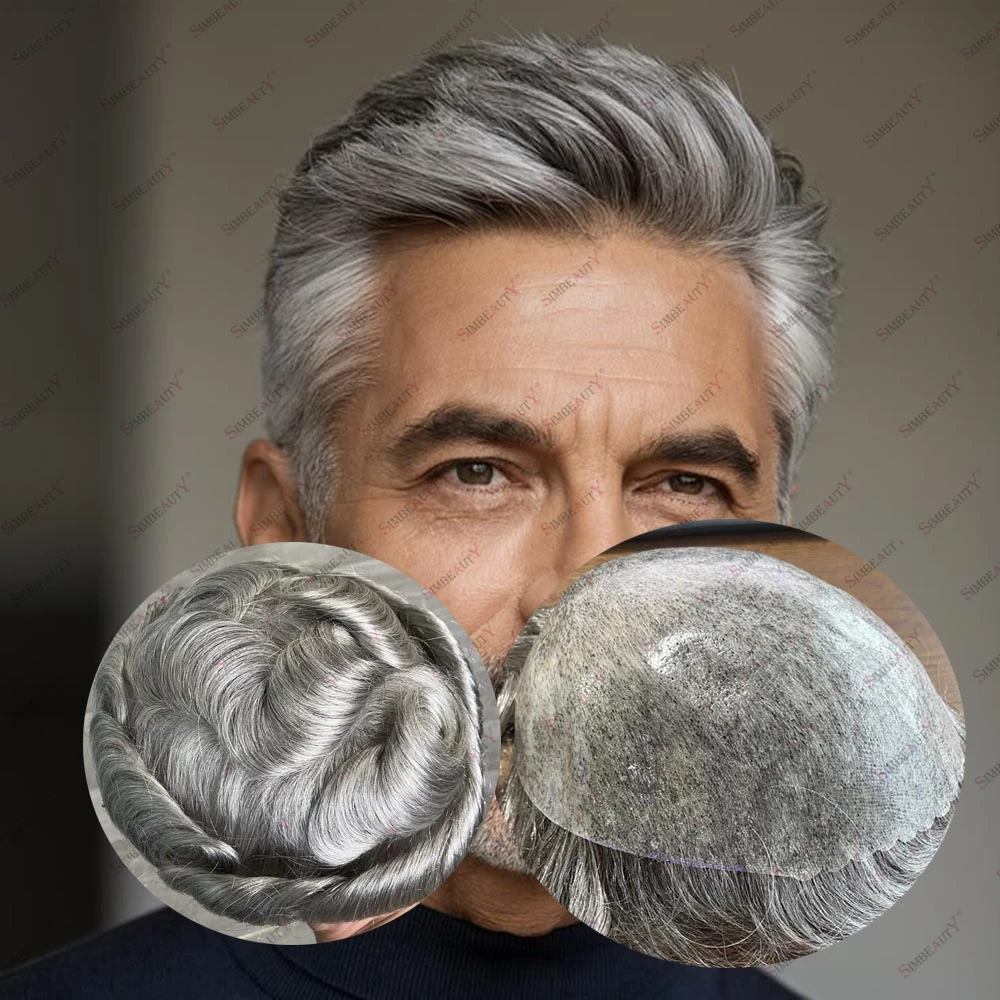 

Human Hair 1B65 1B80 Men's Gray Hair Replacement System Undetectable Skin Base Durable Scallope Hairline Super Natural Men Toupe