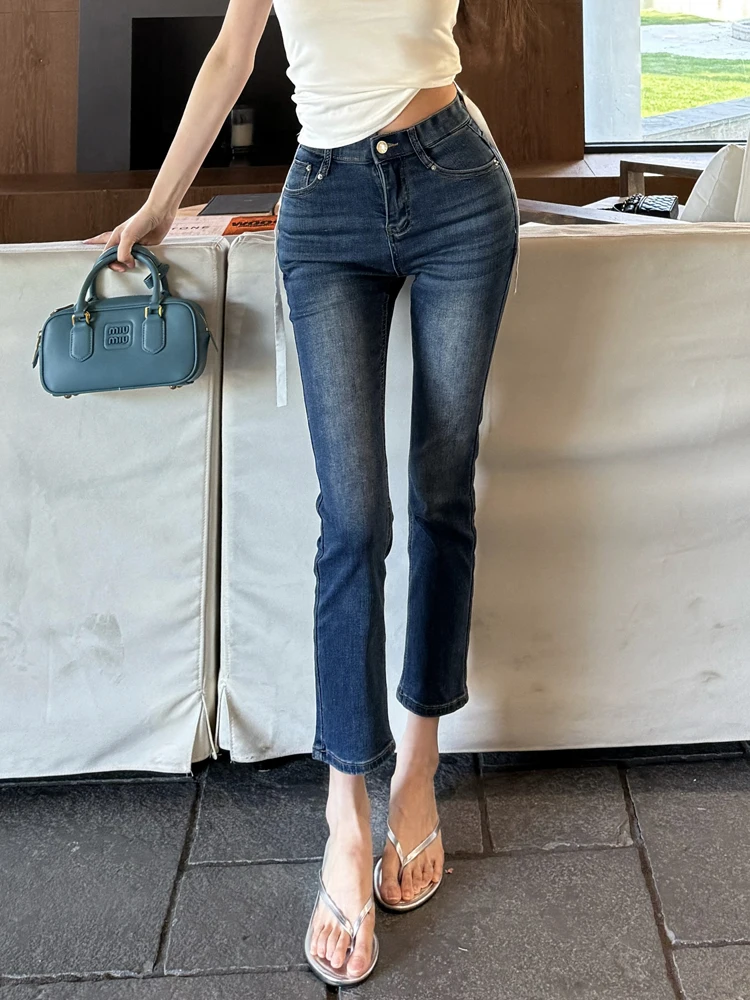

Retro Waed High Waist Straight Leg Jeans Women's Blue High Waist Lengthening Legs Nine Points Pants Casual Sle Spring Season